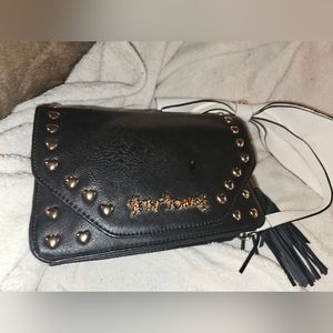 Betsey Johnson Black purse with white ribbon strap